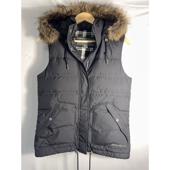 Eddie Bauer Jackets & Blazers - Eddie Bauer Down Puffer Vest Women’s Medium Black Faux Fur Hood Plaid Lined